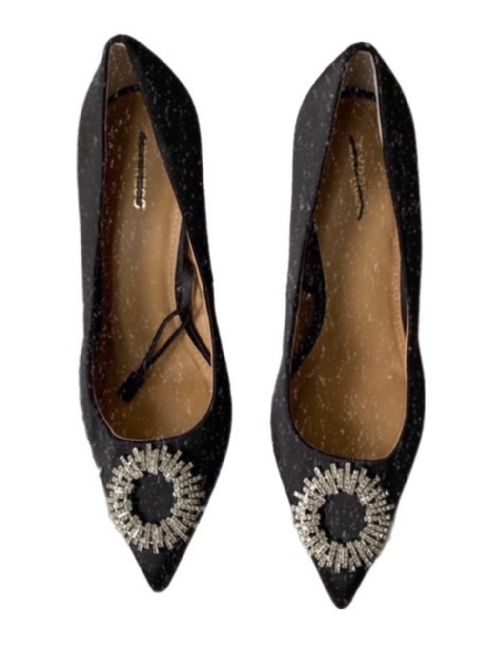 Express black satin medallion pointed toe formal heels pumps shoes